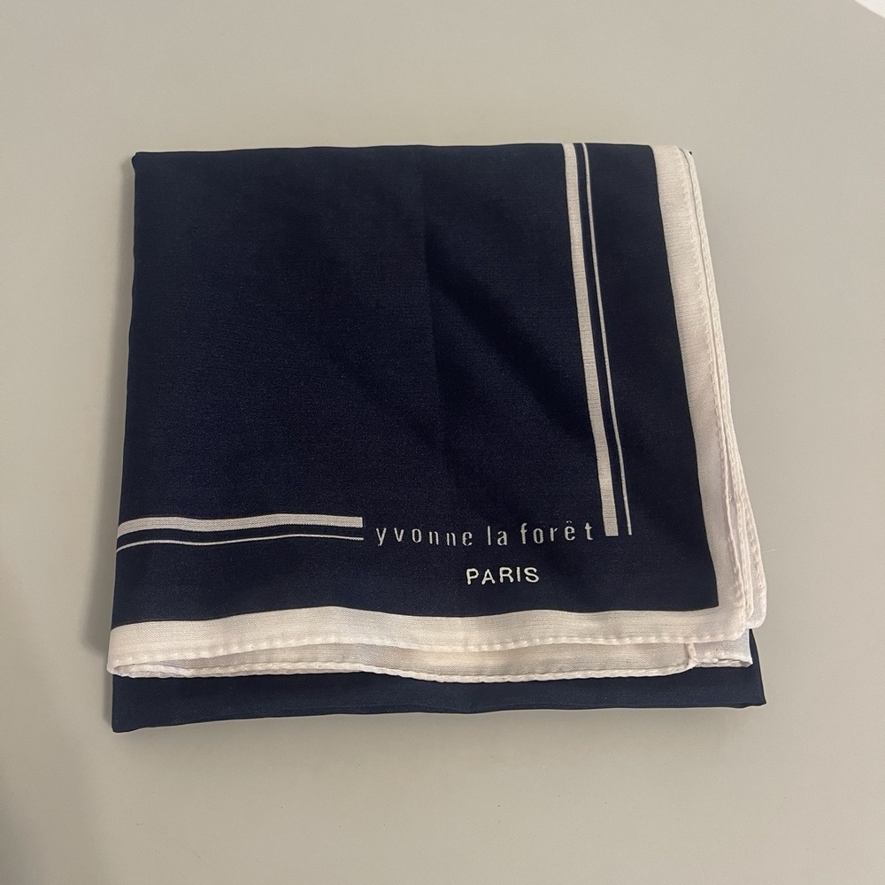 Vintage Yvonne  la Forêt Paris Silk Scarf 26" X 26" Navy w/ White Border Stripe